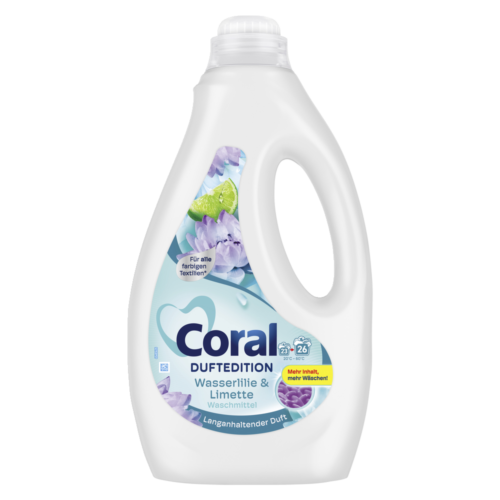 8720181909672_CORAL_Coral fl Lil&Lime 26WL 6x1.3_Scr-PNG_Retail_Frontansicht_160112 Coral Flüssigwaschmittel Wasserlilie & Limette Colorwaschmittel 26 WL 1,3l