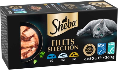 04008429192364_C1L1_s02_v01_5 Sheba Filets Multipack Thunfisch & Huhn / Weißfisch / Geflügel & Lachs 6x60g