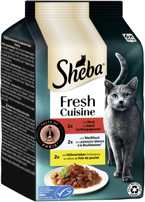 04770608266264_C1L1_s01_v01_5 Sheba Fresh Cuisine Taste of Paris Rind / Weißfisch / Hühnerleber 6x50g