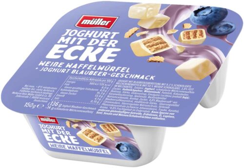 müller Joghurt mit der Ecke Weiße Waffelwürfel Blaubeer 150g müller Joghurt mit der Ecke Weiße Waffelwürfel Blaubeer 150g