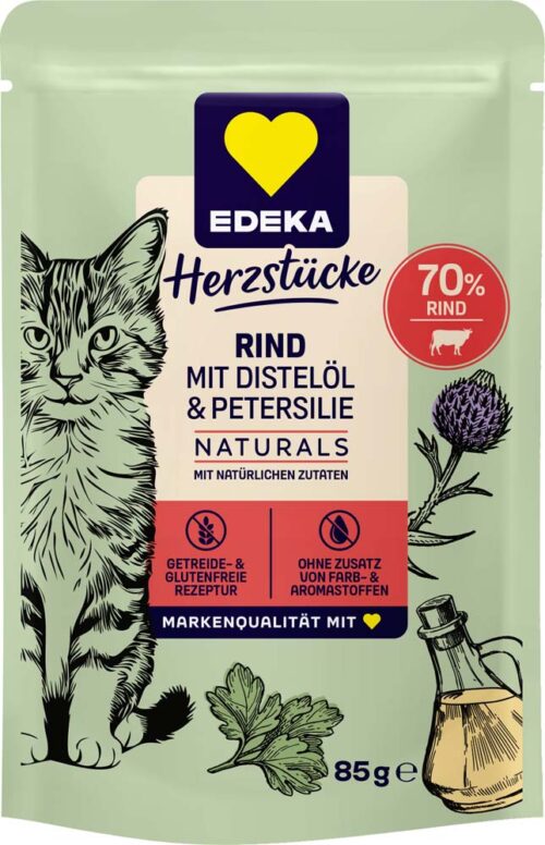 4311501476970_PER EDEKA Herzstücke Naturals Katzen Premium - Mahlzeit Rind mit Distelöl & Petersilie 85g