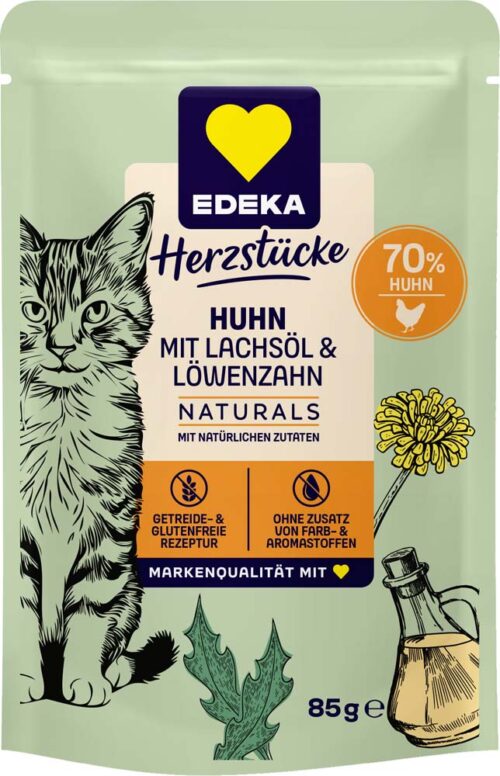 4311501477007_PER EDEKA Herzstücke Naturals Katzen Premium - Mahlzeit Huhn mit Lachsöl & Löwenzahn 85g