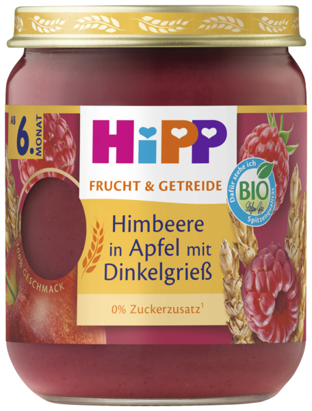 DA44002ET-A_V4.jpg HiPP Bio Himbeere in Apfel mit Dinkelgrieß ab dem 6. Monat 160g