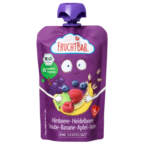 4260133232709-3851-fb-bio-himbeere-heidelbeere-traube-banane-apfel-hafer-vs-quad FruchtBar Bio Quetschie Himbeere, Heidelbeere, Traube, Banane, Apfel & Hafer 100 g