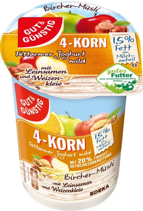 Gut & Günstig  4-Korn Fruchtjoghurt Bircher Müsli 1,5 % Fett 250g