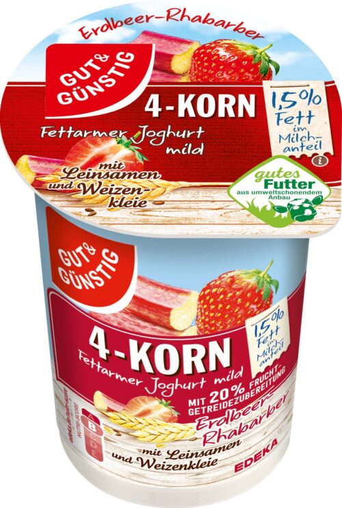 Gut & Günstig  4-Korn-Fruchtjoghurt Erdbeer-Rhabarber 1,5 % Fett 250g