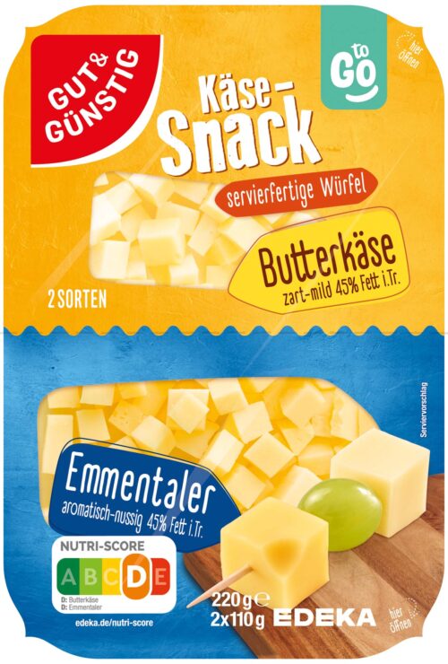 Gut & Günstig Käse Snack Butterkäse-Emmentaler Würfel 45% 2x110g