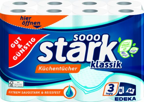 Gut & Günstig sooo stark Küchentücher klassik mit mindestens 20% Recyclingfasern 3lagig 8x64 Blatt